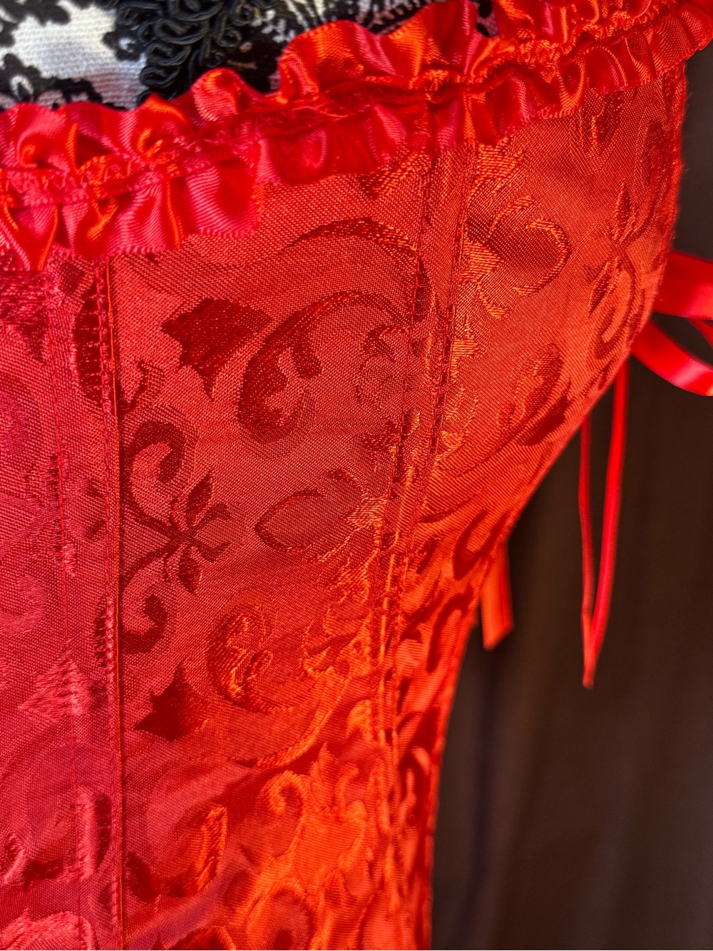 Red Satin Brocade Corset Top With Ruffles and Ribbons size M - Picture 7 of 11